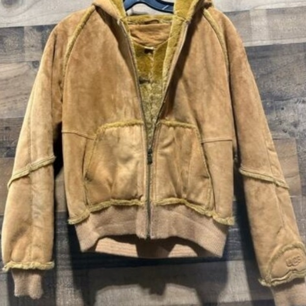 Ugg Shearling Genuine Leather Hoodie Coat Size Large